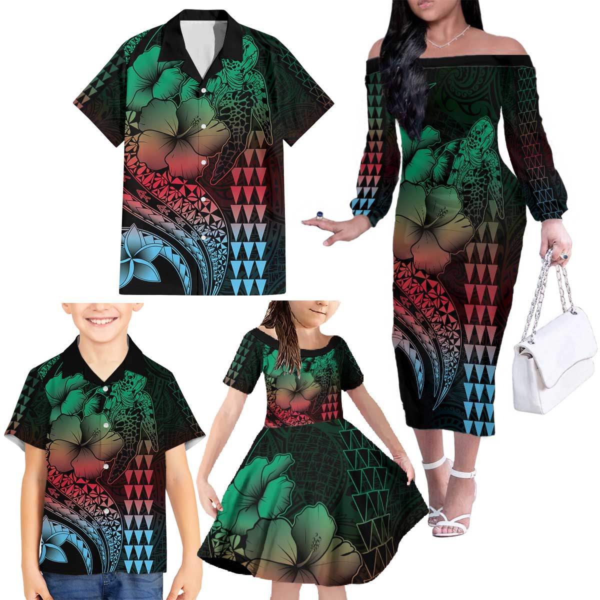 Hawaiian Sea Turtle Family Matching Off The Shoulder Long Sleeve Dress and Hawaiian Shirt Green Hibiscus Flowers and Kakau Pattern LT9 - Polynesian Pride