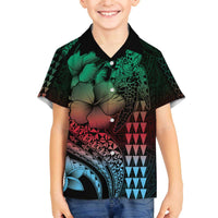Hawaiian Sea Turtle Family Matching Off The Shoulder Long Sleeve Dress and Hawaiian Shirt Green Hibiscus Flowers and Kakau Pattern LT9 Son's Shirt Green - Polynesian Pride