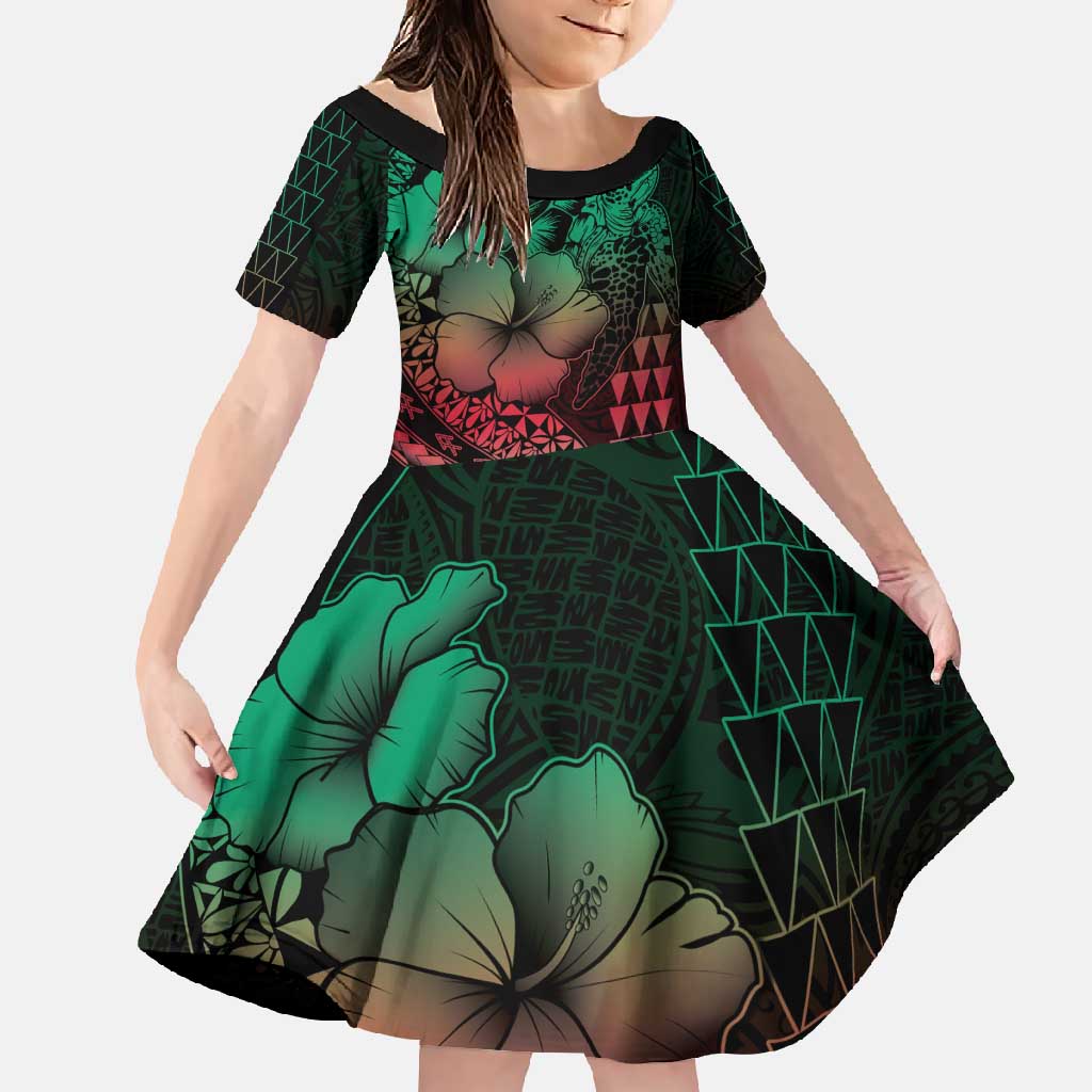 Hawaiian Sea Turtle Family Matching Off Shoulder Maxi Dress and Hawaiian Shirt Green Hibiscus Flowers and Kakau Pattern LT9 Daughter's Dress Green - Polynesian Pride