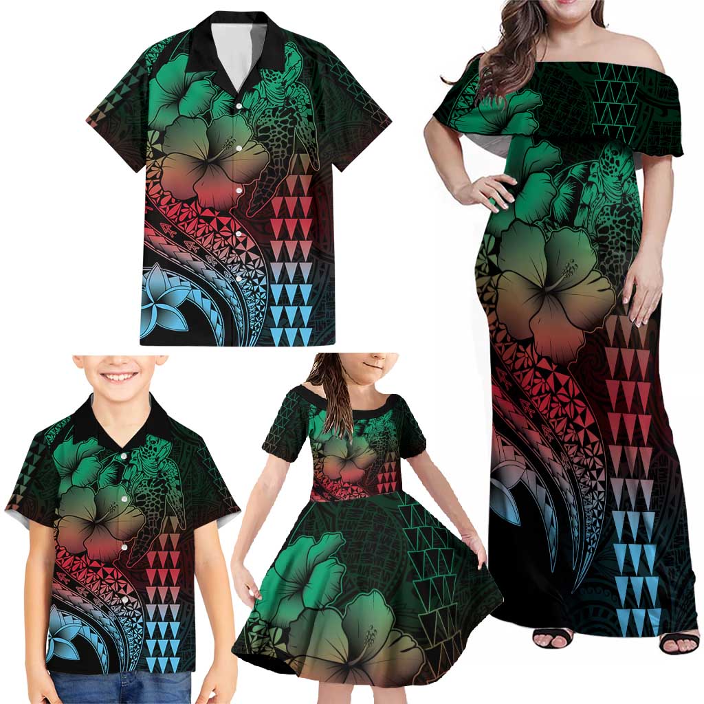 Hawaiian Sea Turtle Family Matching Off Shoulder Maxi Dress and Hawaiian Shirt Green Hibiscus Flowers and Kakau Pattern LT9 - Polynesian Pride