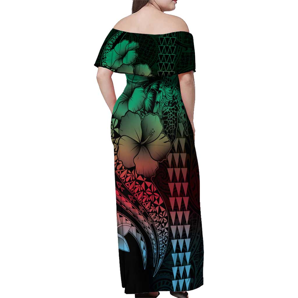 Hawaiian Sea Turtle Family Matching Off Shoulder Maxi Dress and Hawaiian Shirt Green Hibiscus Flowers and Kakau Pattern LT9 - Polynesian Pride