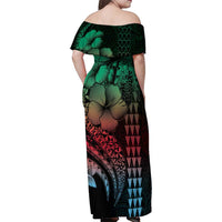 Hawaiian Sea Turtle Family Matching Off Shoulder Maxi Dress and Hawaiian Shirt Green Hibiscus Flowers and Kakau Pattern LT9 - Polynesian Pride