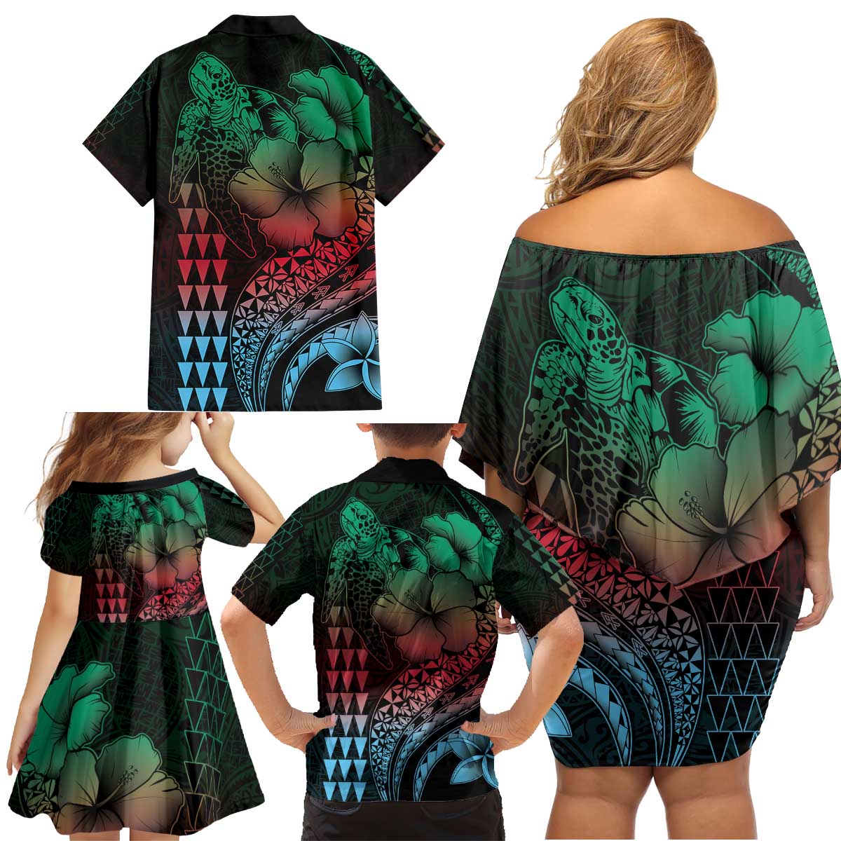 Hawaiian Sea Turtle Family Matching Off Shoulder Short Dress and Hawaiian Shirt Green Hibiscus Flowers and Kakau Pattern LT9 - Polynesian Pride