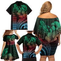 Hawaiian Sea Turtle Family Matching Off Shoulder Short Dress and Hawaiian Shirt Green Hibiscus Flowers and Kakau Pattern LT9 - Polynesian Pride