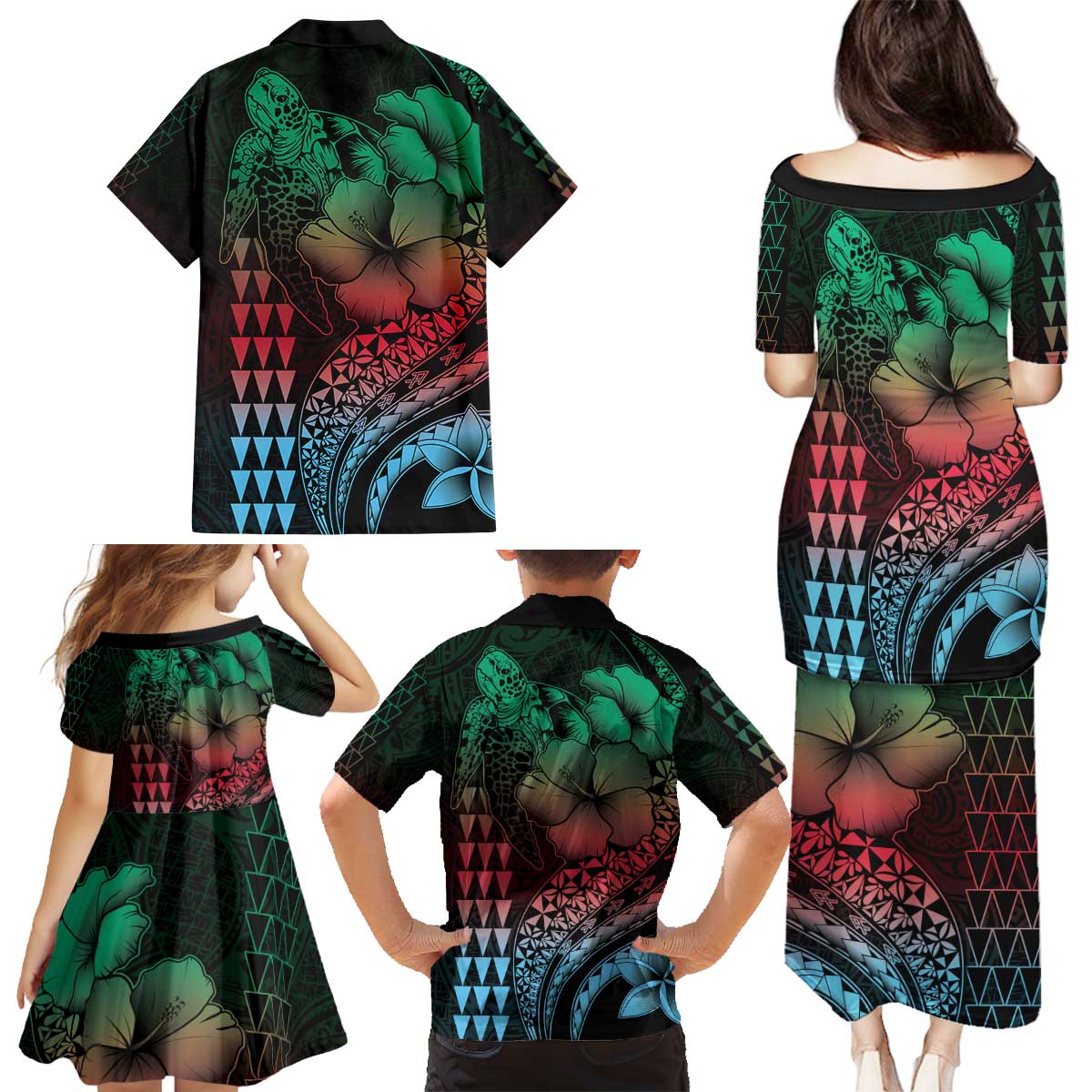 Hawaiian Sea Turtle Family Matching Puletasi and Hawaiian Shirt Green Hibiscus Flowers and Kakau Pattern LT9 - Polynesian Pride