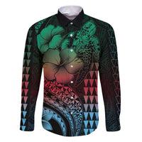 Hawaiian Sea Turtle Family Matching Puletasi and Hawaiian Shirt Green Hibiscus Flowers and Kakau Pattern LT9 Dad's Shirt - Long Sleeve Green - Polynesian Pride