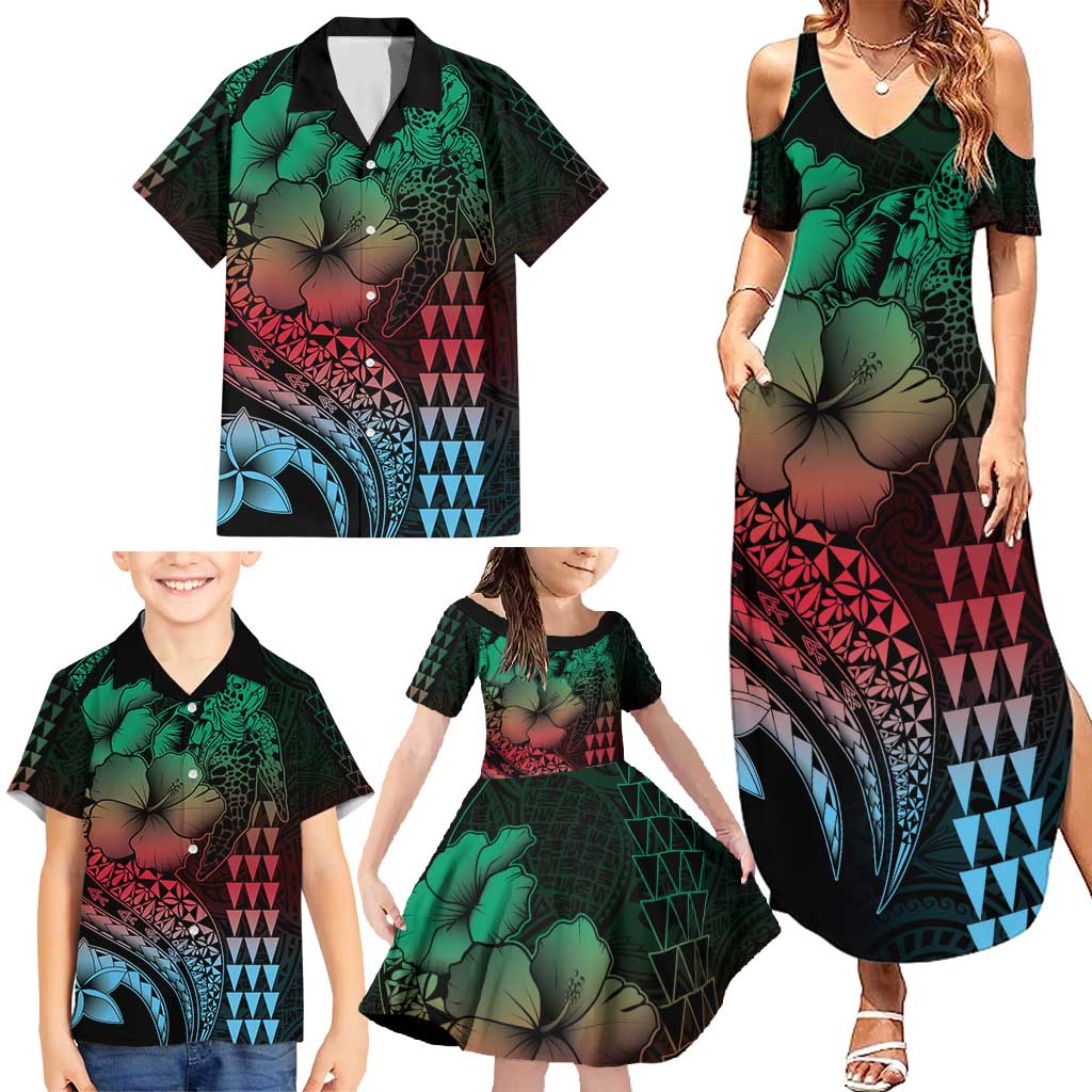 Hawaiian Sea Turtle Family Matching Summer Maxi Dress and Hawaiian Shirt Green Hibiscus Flowers and Kakau Pattern LT9 - Polynesian Pride