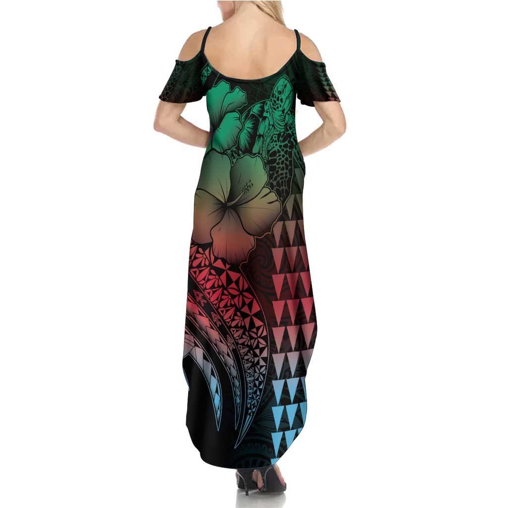 Hawaiian Sea Turtle Family Matching Summer Maxi Dress and Hawaiian Shirt Green Hibiscus Flowers and Kakau Pattern LT9 - Polynesian Pride