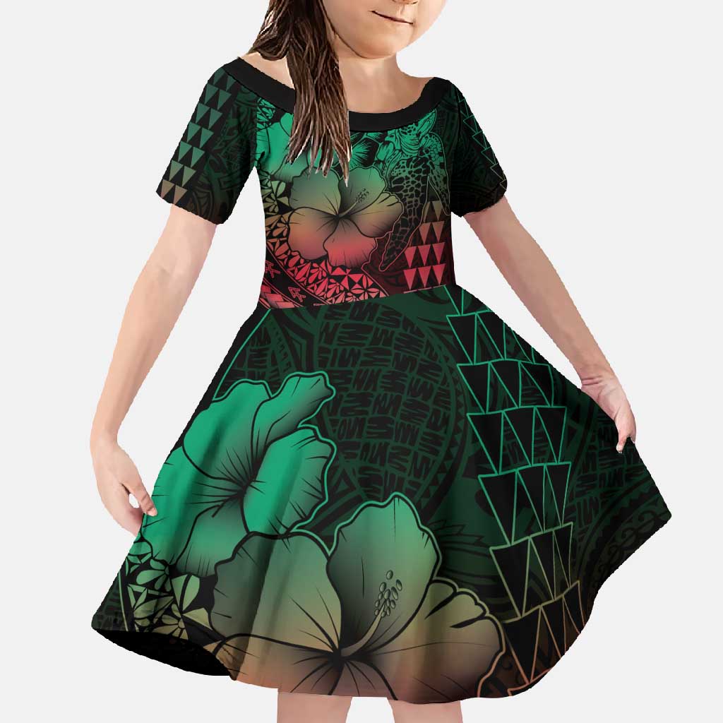 Hawaiian Sea Turtle Family Matching Tank Maxi Dress and Hawaiian Shirt Green Hibiscus Flowers and Kakau Pattern LT9 Daughter's Dress Green - Polynesian Pride