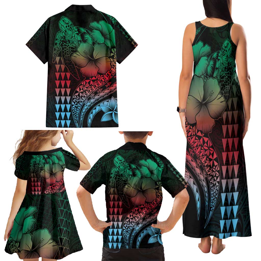Hawaiian Sea Turtle Family Matching Tank Maxi Dress and Hawaiian Shirt Green Hibiscus Flowers and Kakau Pattern LT9 - Polynesian Pride