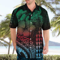 Hawaiian Sea Turtle Hawaiian Shirt Green Hibiscus Flowers and Kakau Pattern