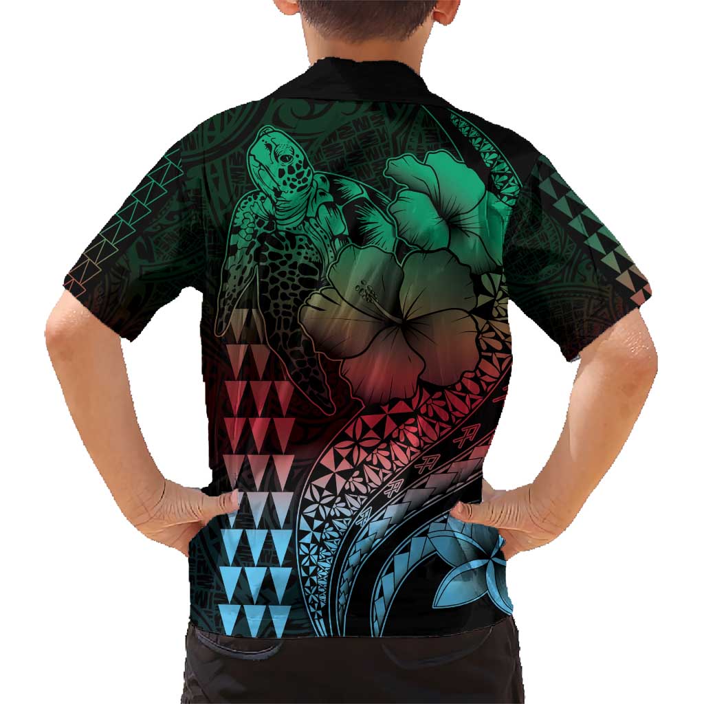 Hawaiian Sea Turtle Kid Hawaiian Shirt Green Hibiscus Flowers and Kakau Pattern