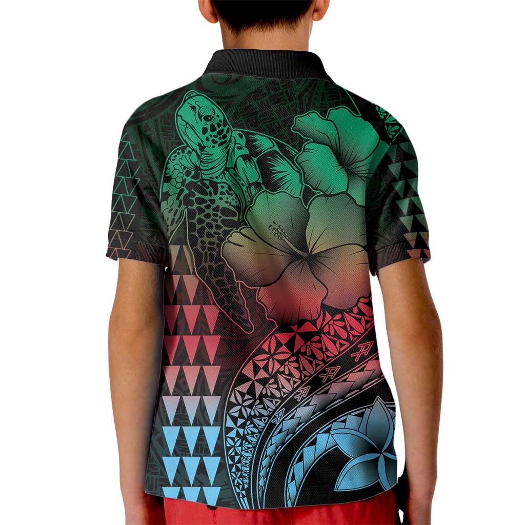 Hawaiian Sea Turtle Kid Polo Shirt Green Hibiscus Flowers and Kakau Pattern