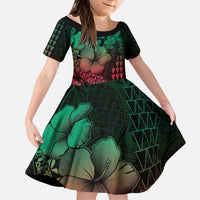 Hawaiian Sea Turtle Kid Short Sleeve Dress Green Hibiscus Flowers and Kakau Pattern