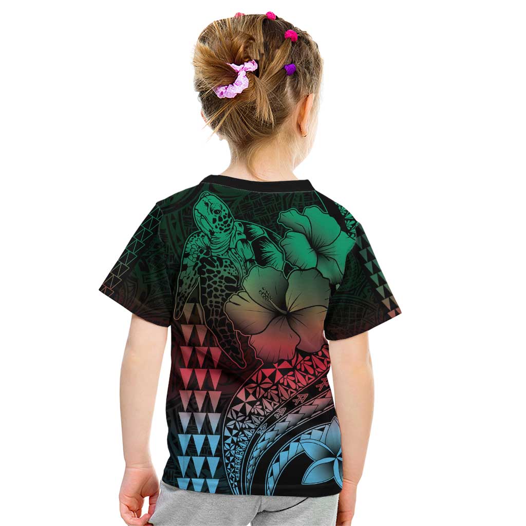 Hawaiian Sea Turtle Kid T Shirt Green Hibiscus Flowers and Kakau Pattern
