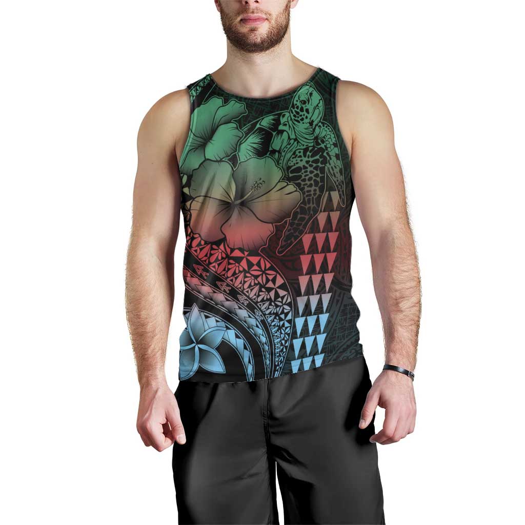 Hawaiian Sea Turtle Men Tank Top Green Hibiscus Flowers and Kakau Pattern