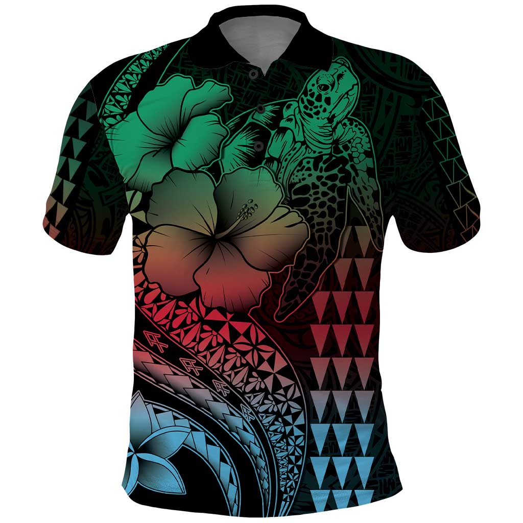 Hawaiian Sea Turtle Polo Shirt Green Hibiscus Flowers and Kakau Pattern