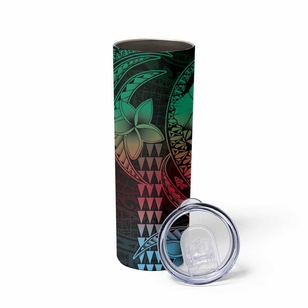 Hawaiian Sea Turtle Skinny Tumbler Green Hibiscus Flowers and Kakau Pattern