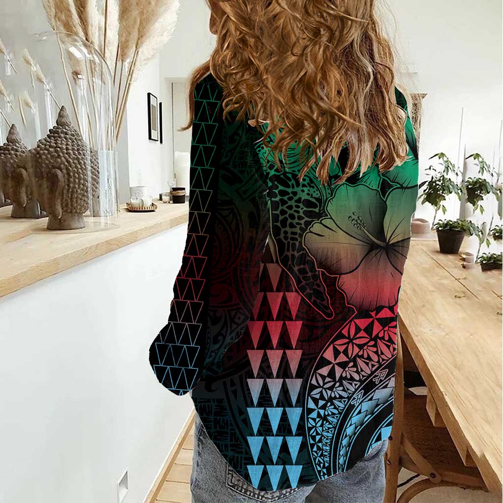 Hawaiian Sea Turtle Women Casual Shirt Green Hibiscus Flowers and Kakau Pattern