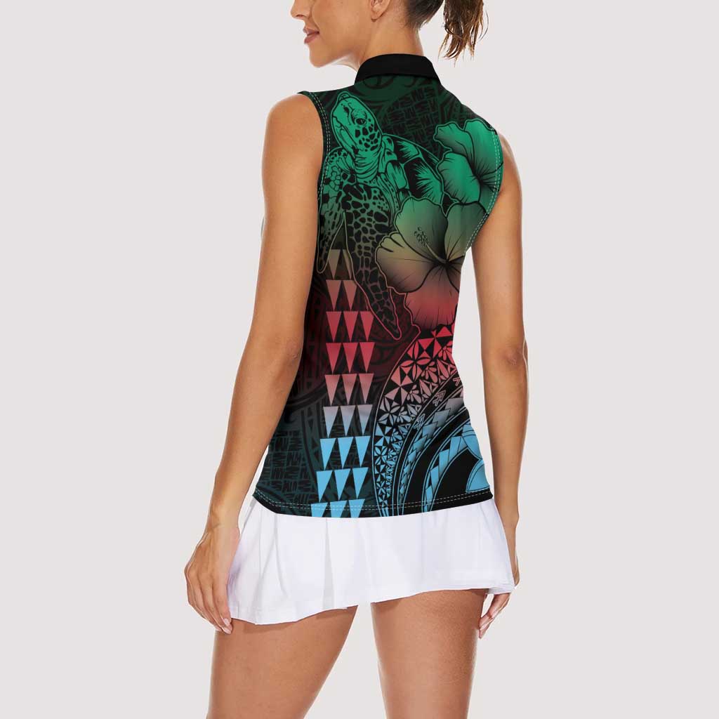 Hawaiian Sea Turtle Women Sleeveless Polo Shirt Green Hibiscus Flowers and Kakau Pattern