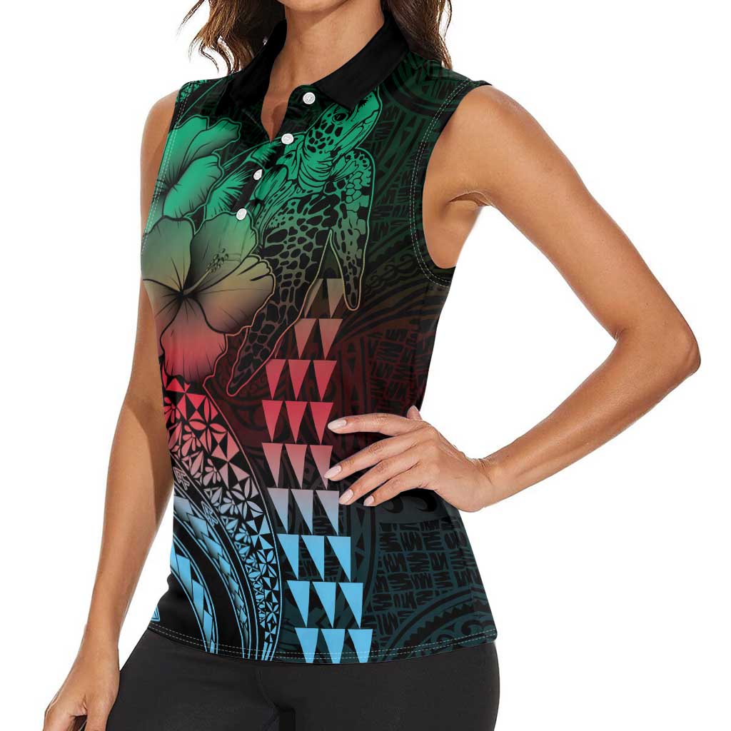 Hawaiian Sea Turtle Women Sleeveless Polo Shirt Green Hibiscus Flowers and Kakau Pattern