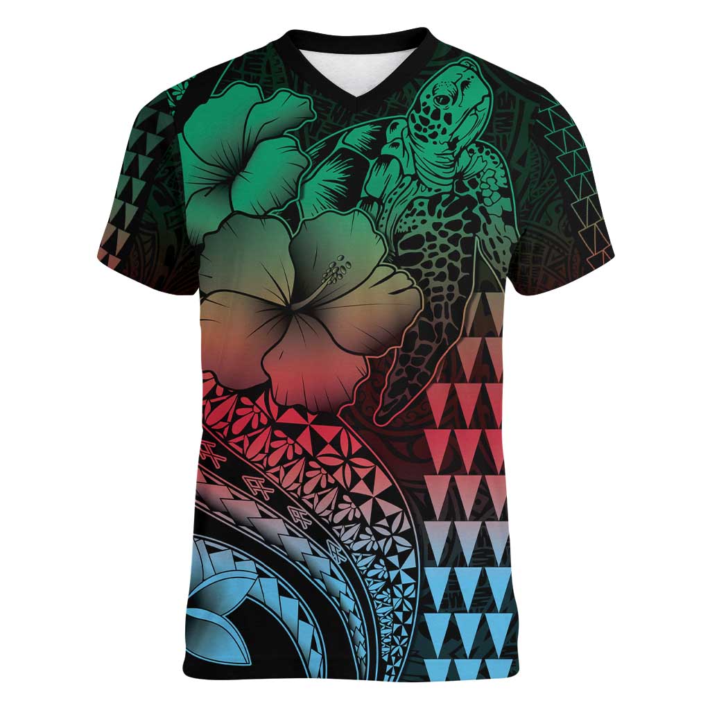 Hawaiian Sea Turtle Women V-Neck T-Shirt Green Hibiscus Flowers and Kakau Pattern