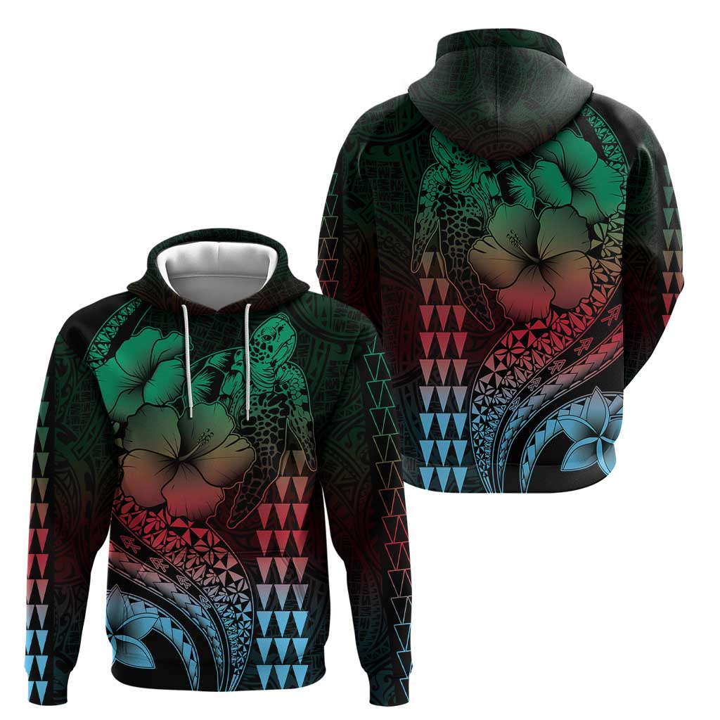 Hawaiian Sea Turtle Zip Hoodie Green Hibiscus Flowers and Kakau Pattern