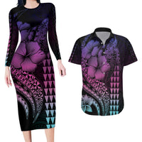 Hawaiian Sea Turtle Couples Matching Long Sleeve Bodycon Dress and Hawaiian Shirt Pink Hibiscus Flowers and Kakau Pattern LT9 Pink - Polynesian Pride