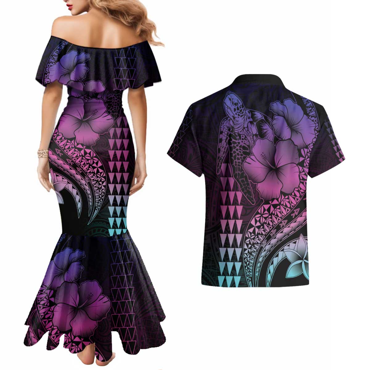 Hawaiian Sea Turtle Couples Matching Mermaid Dress and Hawaiian Shirt Pink Hibiscus Flowers and Kakau Pattern