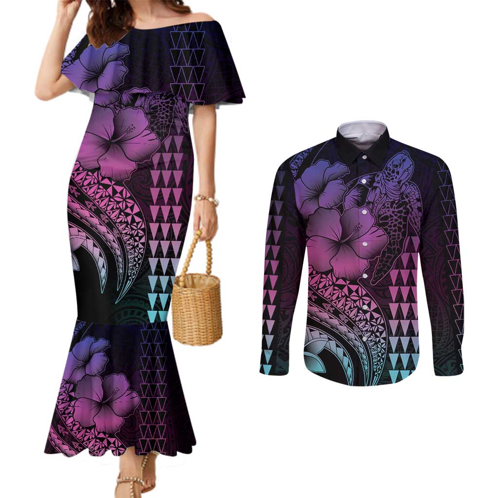 Hawaiian Sea Turtle Couples Matching Mermaid Dress and Long Sleeve Button Shirt Pink Hibiscus Flowers and Kakau Pattern