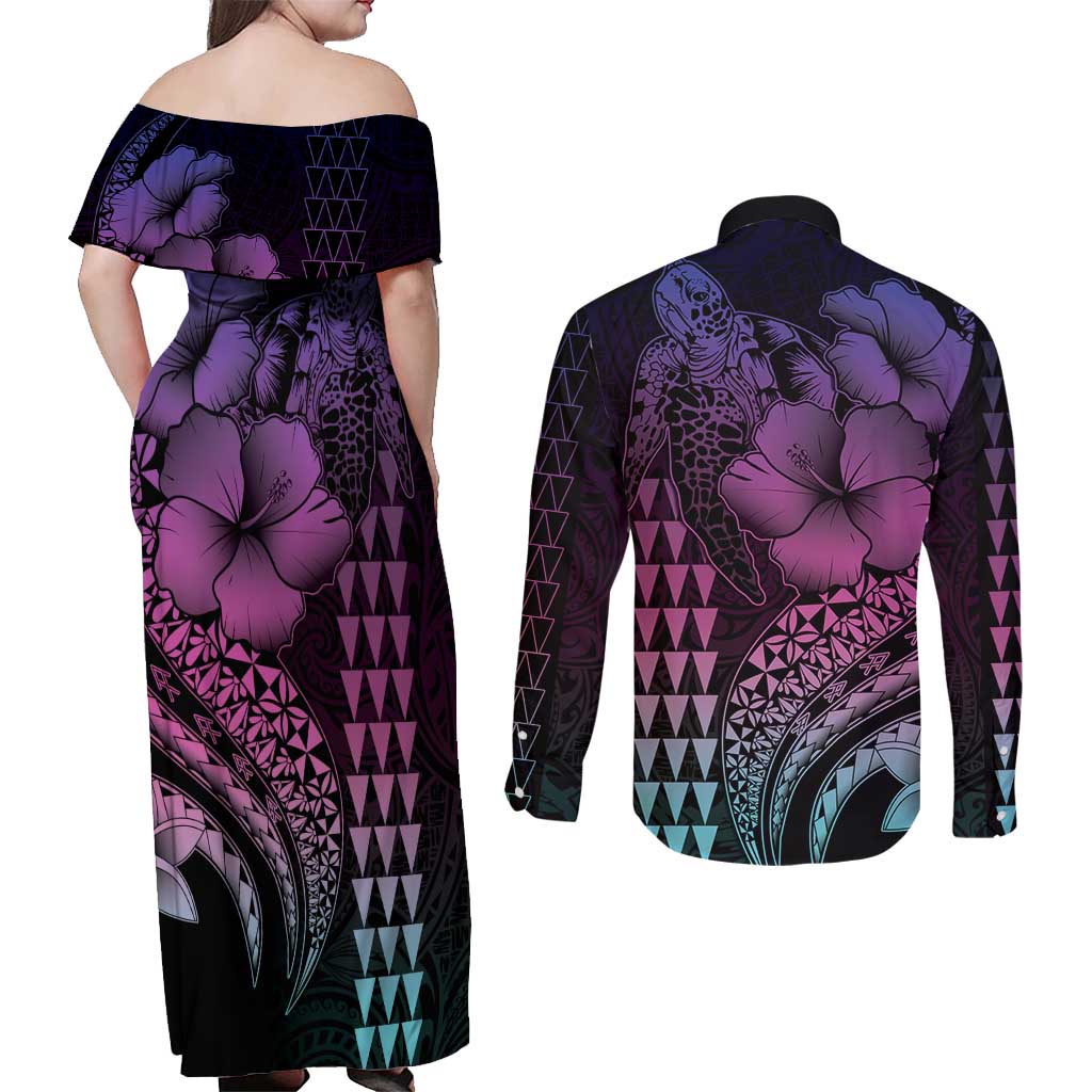 Hawaiian Sea Turtle Couples Matching Off Shoulder Maxi Dress and Long Sleeve Button Shirt Pink Hibiscus Flowers and Kakau Pattern