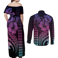Hawaiian Sea Turtle Couples Matching Off Shoulder Maxi Dress and Long Sleeve Button Shirt Pink Hibiscus Flowers and Kakau Pattern