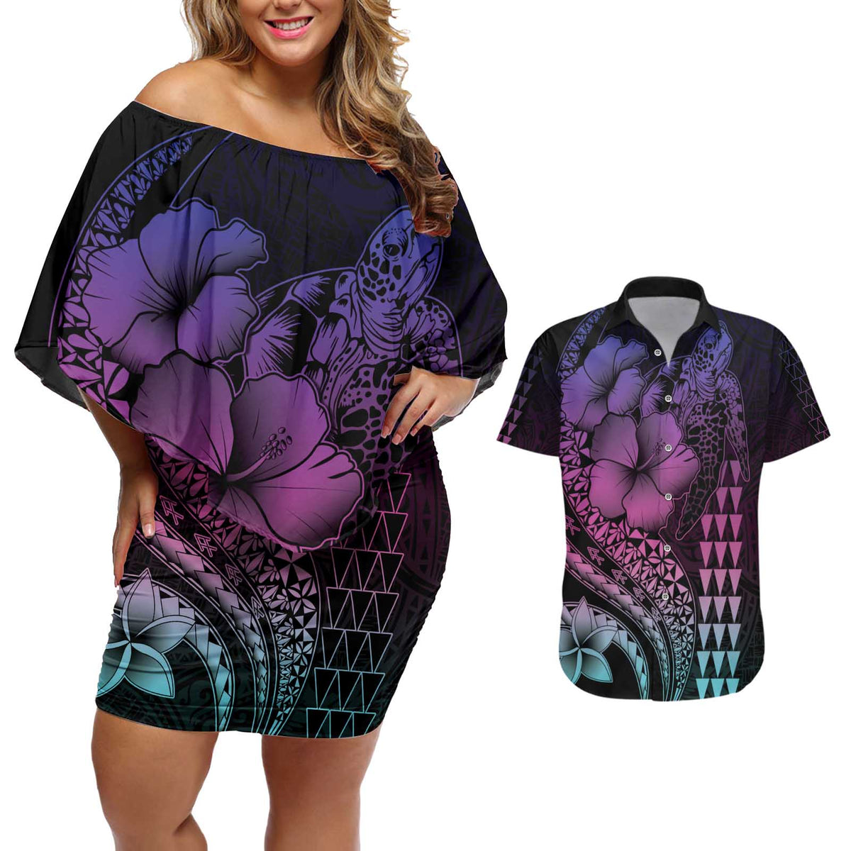 Hawaiian Sea Turtle Couples Matching Off Shoulder Short Dress and Hawaiian Shirt Pink Hibiscus Flowers and Kakau Pattern