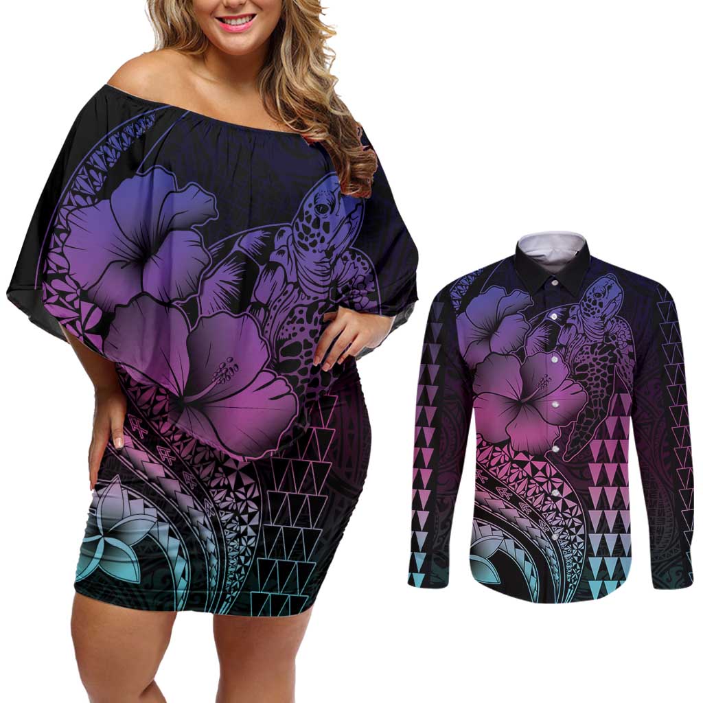 Hawaiian Sea Turtle Couples Matching Off Shoulder Short Dress and Long Sleeve Button Shirt Pink Hibiscus Flowers and Kakau Pattern