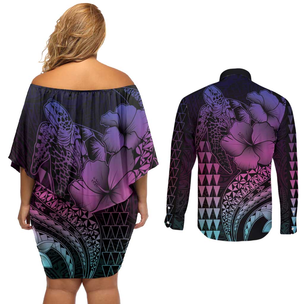 Hawaiian Sea Turtle Couples Matching Off Shoulder Short Dress and Long Sleeve Button Shirt Pink Hibiscus Flowers and Kakau Pattern