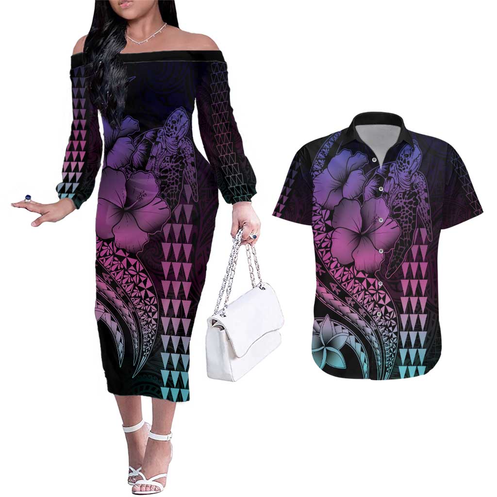Hawaiian Sea Turtle Couples Matching Off The Shoulder Long Sleeve Dress and Hawaiian Shirt Pink Hibiscus Flowers and Kakau Pattern LT9 Pink - Polynesian Pride