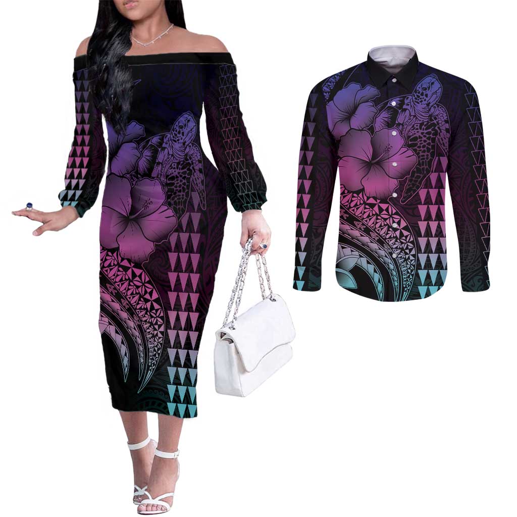 Hawaiian Sea Turtle Couples Matching Off The Shoulder Long Sleeve Dress and Long Sleeve Button Shirt Pink Hibiscus Flowers and Kakau Pattern
