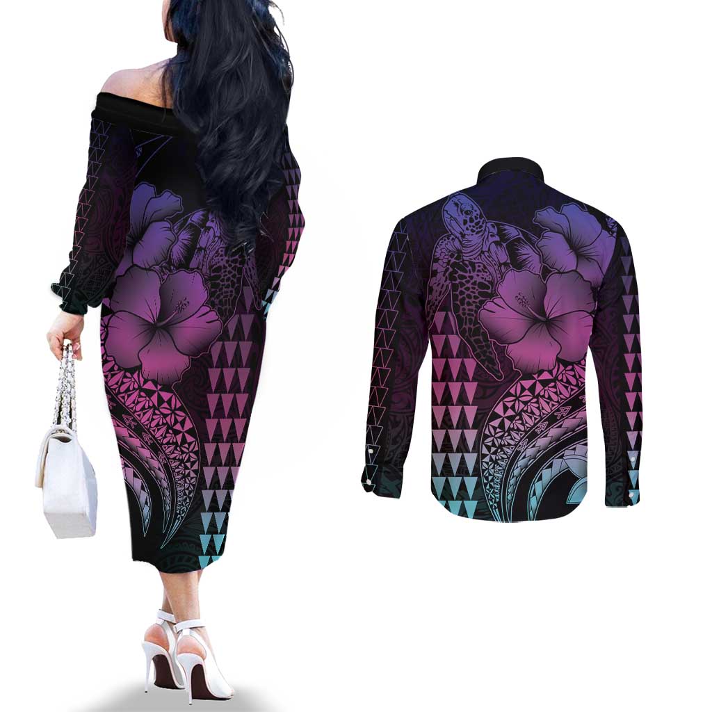 Hawaiian Sea Turtle Couples Matching Off The Shoulder Long Sleeve Dress and Long Sleeve Button Shirt Pink Hibiscus Flowers and Kakau Pattern