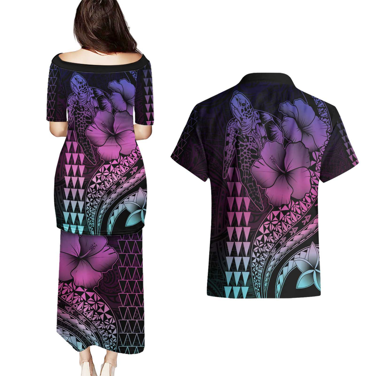 Hawaiian Sea Turtle Couples Matching Puletasi and Hawaiian Shirt Pink Hibiscus Flowers and Kakau Pattern