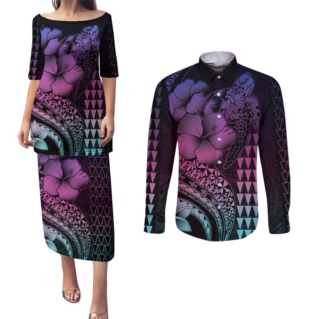 Hawaiian Sea Turtle Couples Matching Puletasi and Long Sleeve Button Shirt Pink Hibiscus Flowers and Kakau Pattern