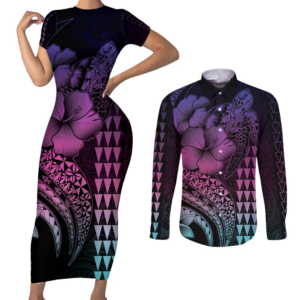 Hawaiian Sea Turtle Couples Matching Short Sleeve Bodycon Dress and Long Sleeve Button Shirt Pink Hibiscus Flowers and Kakau Pattern