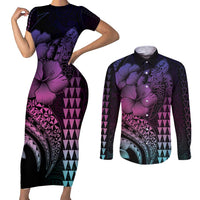 Hawaiian Sea Turtle Couples Matching Short Sleeve Bodycon Dress and Long Sleeve Button Shirt Pink Hibiscus Flowers and Kakau Pattern