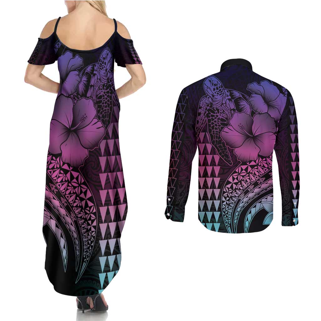 Hawaiian Sea Turtle Couples Matching Summer Maxi Dress and Long Sleeve Button Shirt Pink Hibiscus Flowers and Kakau Pattern