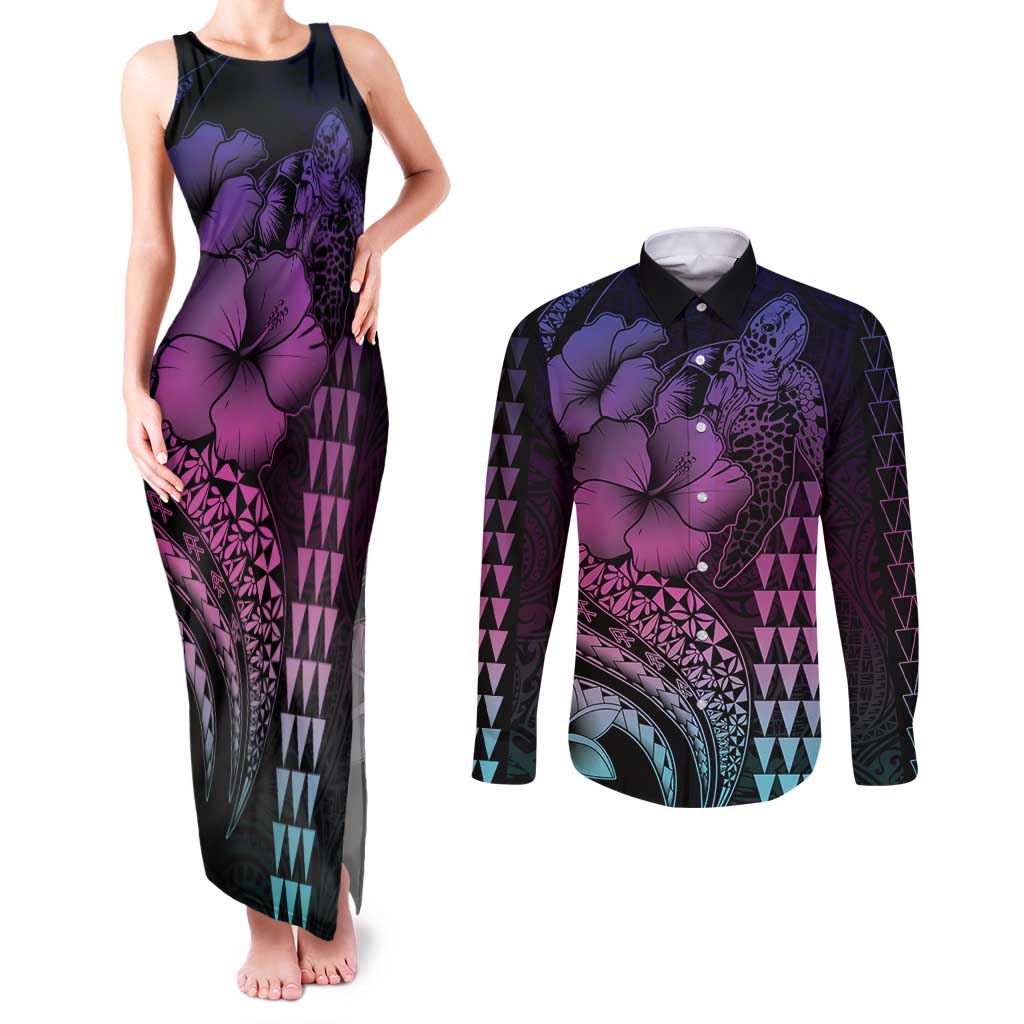 Hawaiian Sea Turtle Couples Matching Tank Maxi Dress and Long Sleeve Button Shirt Pink Hibiscus Flowers and Kakau Pattern