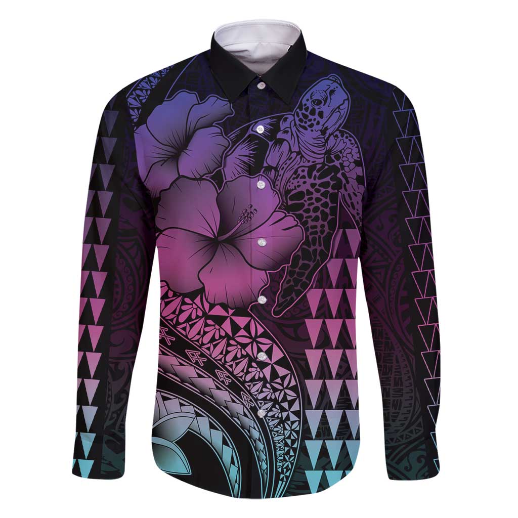 Hawaiian Sea Turtle Family Matching Long Sleeve Bodycon Dress and Hawaiian Shirt Pink Hibiscus Flowers and Kakau Pattern LT9 Dad's Shirt - Long Sleeve Pink - Polynesian Pride