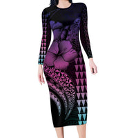 Hawaiian Sea Turtle Family Matching Long Sleeve Bodycon Dress and Hawaiian Shirt Pink Hibiscus Flowers and Kakau Pattern LT9 Mom's Dress Pink - Polynesian Pride