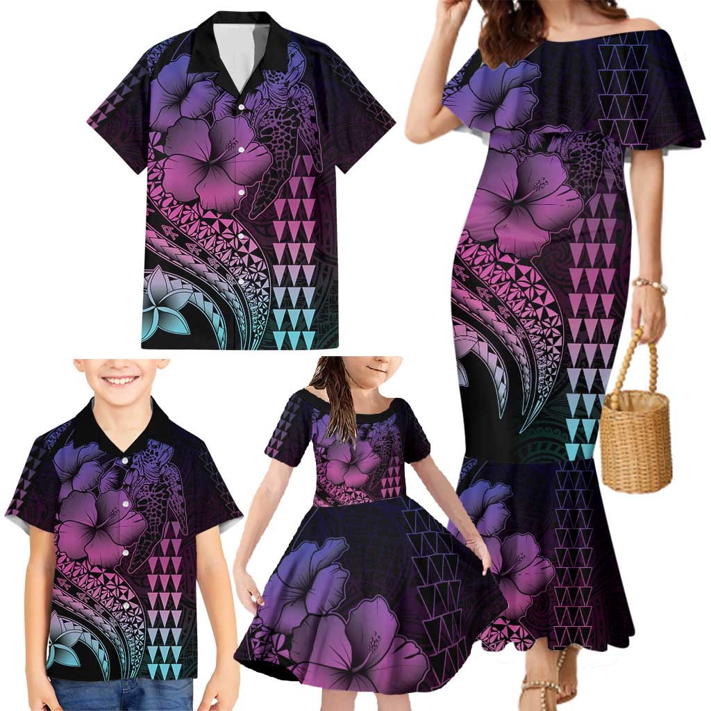 Hawaiian Sea Turtle Family Matching Mermaid Dress and Hawaiian Shirt Pink Hibiscus Flowers and Kakau Pattern LT9 - Polynesian Pride