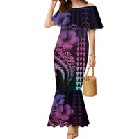 Hawaiian Sea Turtle Family Matching Mermaid Dress and Hawaiian Shirt Pink Hibiscus Flowers and Kakau Pattern LT9 Mom's Dress Pink - Polynesian Pride