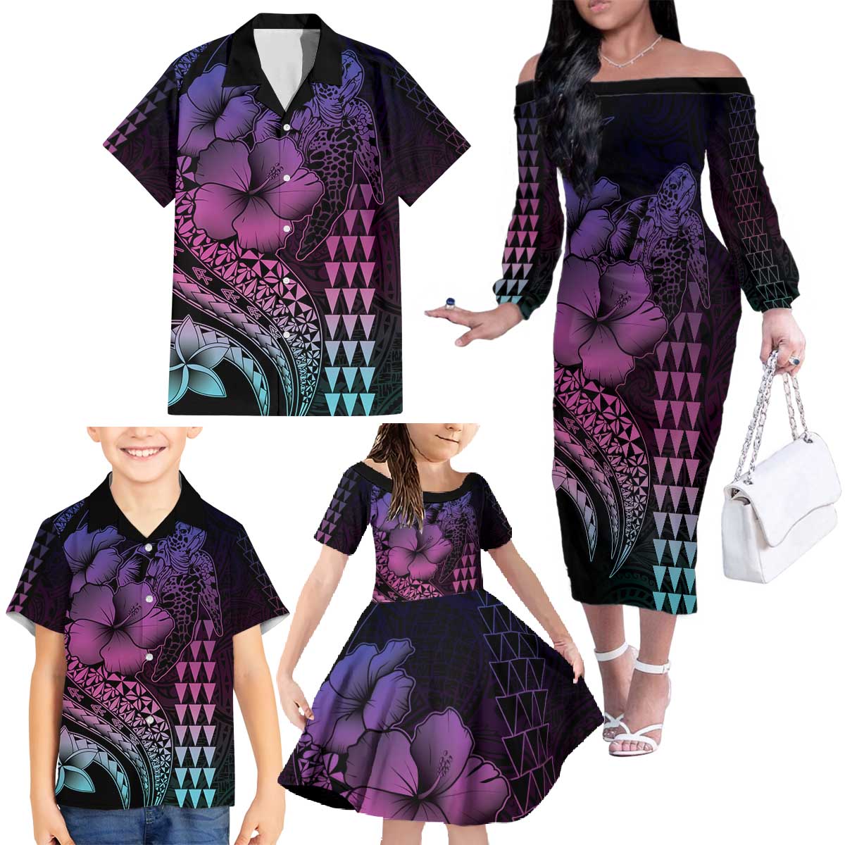 Hawaiian Sea Turtle Family Matching Off The Shoulder Long Sleeve Dress and Hawaiian Shirt Pink Hibiscus Flowers and Kakau Pattern LT9 - Polynesian Pride