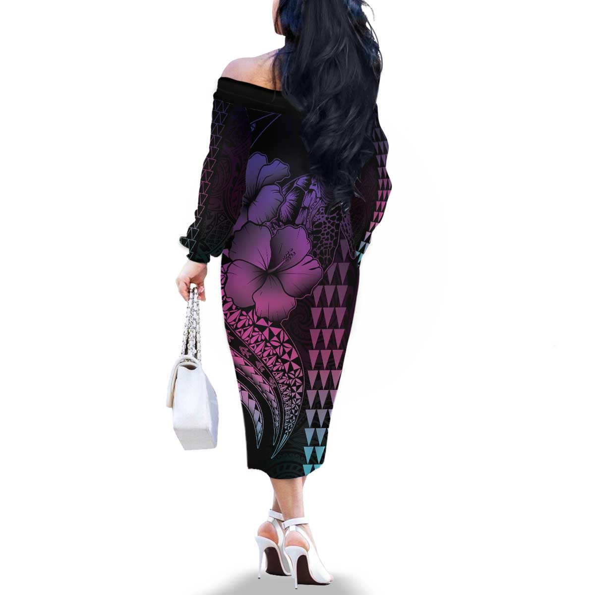 Hawaiian Sea Turtle Family Matching Off The Shoulder Long Sleeve Dress and Hawaiian Shirt Pink Hibiscus Flowers and Kakau Pattern LT9 - Polynesian Pride